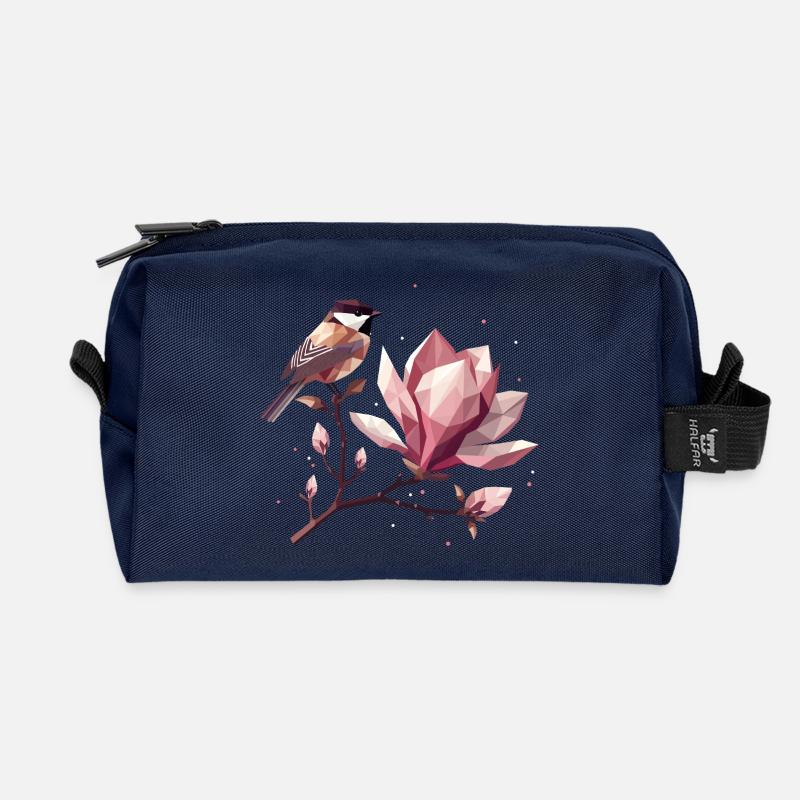 Vogel auf Magnolienzweig – Harmonische Komposition - Recycelte Kulturtasche - Navy