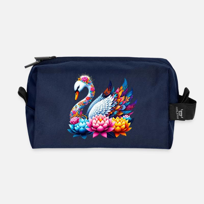 Schwan verziert mit Lotusblüten - Recycelte Kulturtasche - Navy