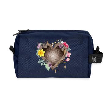 Herzförmiges Vogelnest mit Frühlingsblüten - Recycelte Kulturtasche - Navy - Vorne