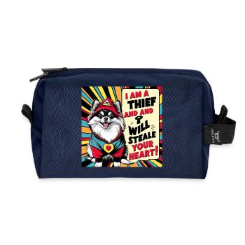 Pomeranian Dog "I am a thief" - Recycled Toiletry Zip Bag - navy - Front