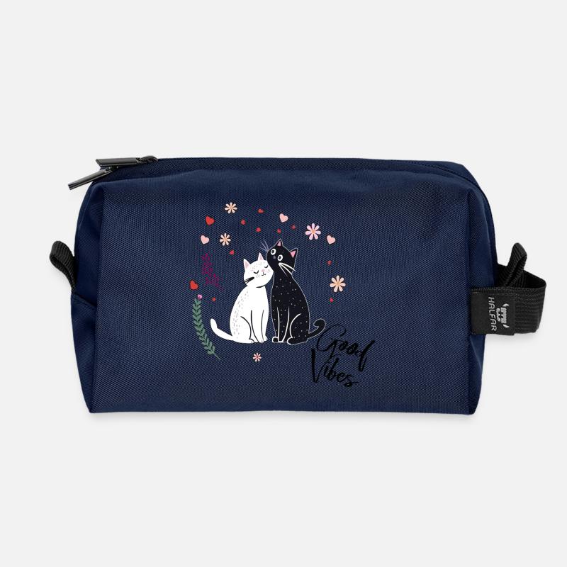 Verspielte Katzen mit Herzen und Blumen - Recycelte Kulturtasche - Navy