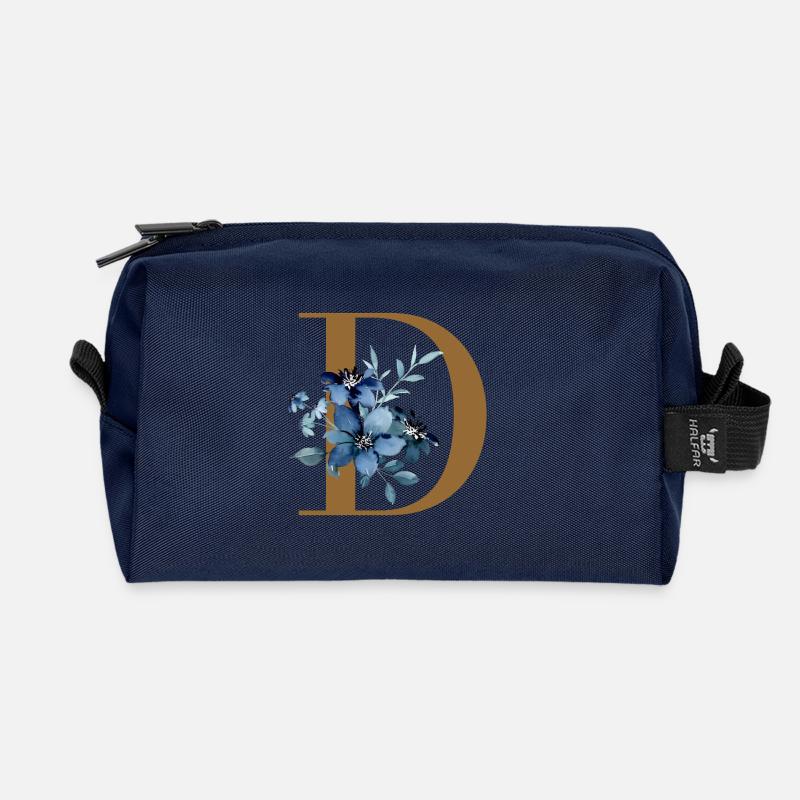 Florales D – Goldener Buchstabe mit Blüten - Recycelte Kulturtasche - Navy