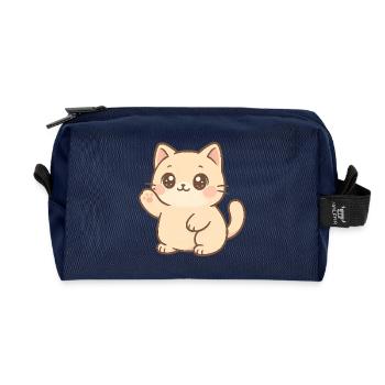 Kawaii Kitten Waving Design - Recycled Toiletry Zip Bag - navy - Front