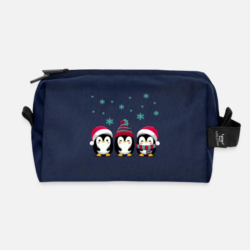 Three penguins with Christmas hats - Recycled Toiletry Zip Bag - navy