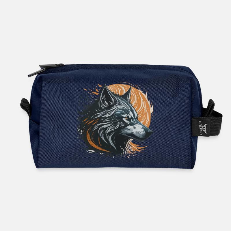 Black Wolf Under Golden Moon - Recycled Toiletry Zip Bag - navy