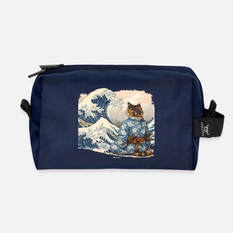Style japonais ukiyo-e de la vague de chat samouraï - Trousse de toilette en tissu recyclé - marine