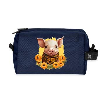 Schwein mit Sonnenblumenkranz, Charmantes Bauernho - Recycelte Kulturtasche - Navy - Vorne