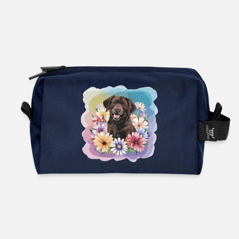 Brauner Labrador mit Blumen - Recycelte Kulturtasche - Navy