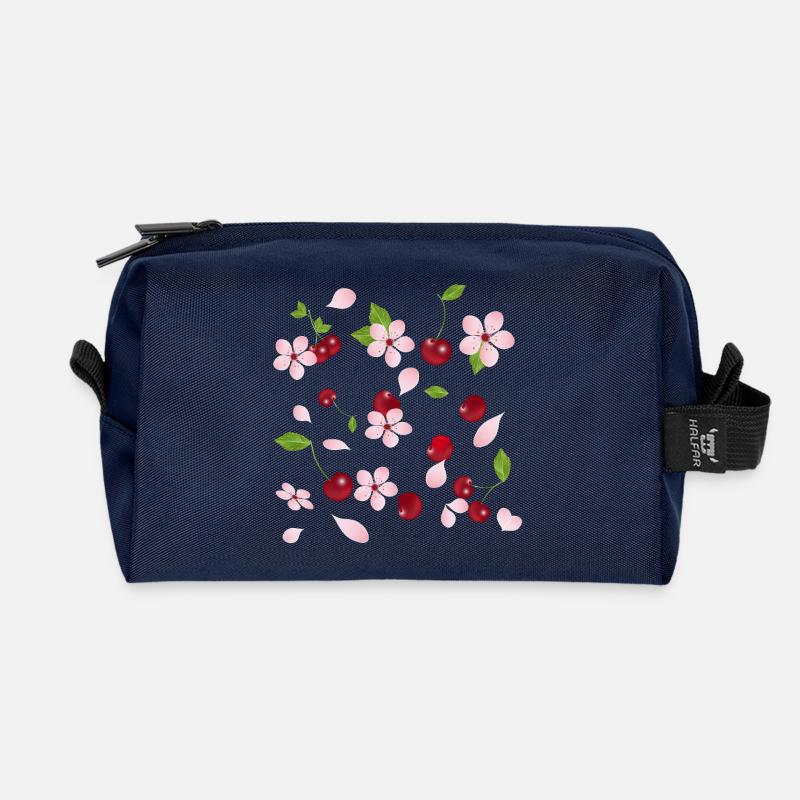 Kirschblüten und Kirschen–romantisches Naturdesign - Recycelte Kulturtasche - Navy