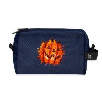 Pumpkin Jackolantern Halloween Orange Fire Flames - Recycled Toiletry Zip Bag - navy - Front