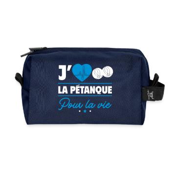 J'aime la pétanque pour la vie – Boules et camping - Trousse de toilette en tissu recyclé - marine - Devant
