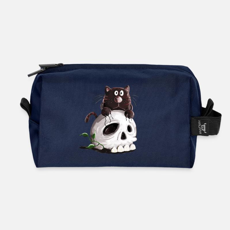 Schwarze Katze und Totenkopf Comic - Recycelte Kulturtasche - Navy