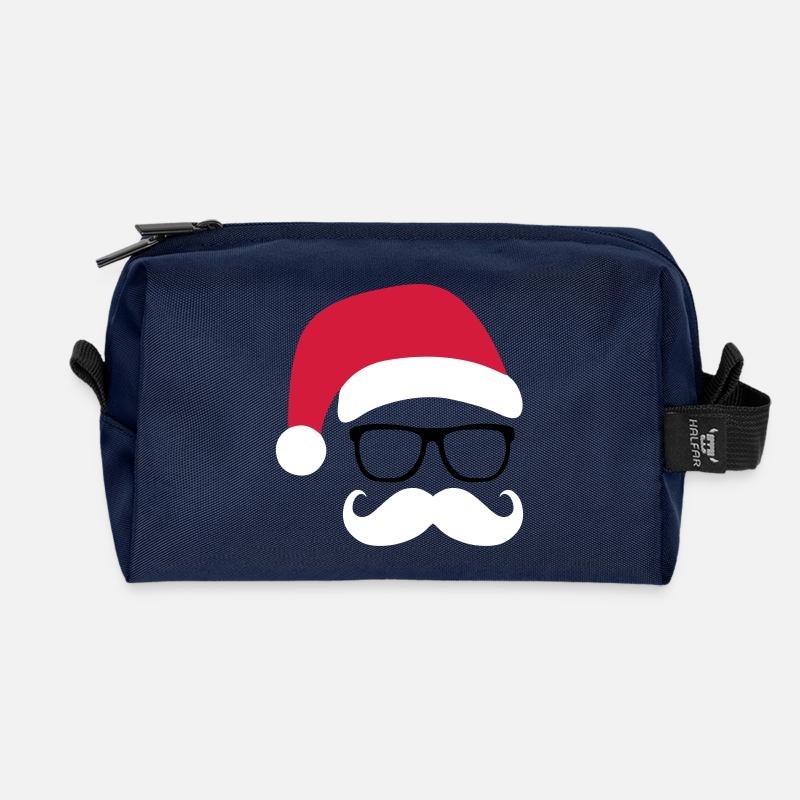 Funny Santa Claus with nerd glasses and mustache - Recycled Toiletry Zip Bag - navy