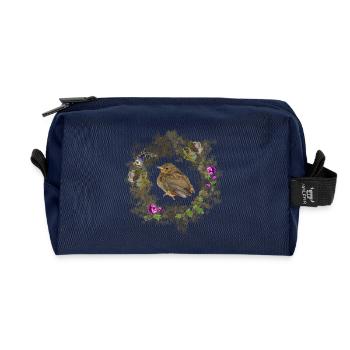 Rotkehlchen mit zarten Blüten und Bläulingen - Recycelte Kulturtasche - Navy - Vorne