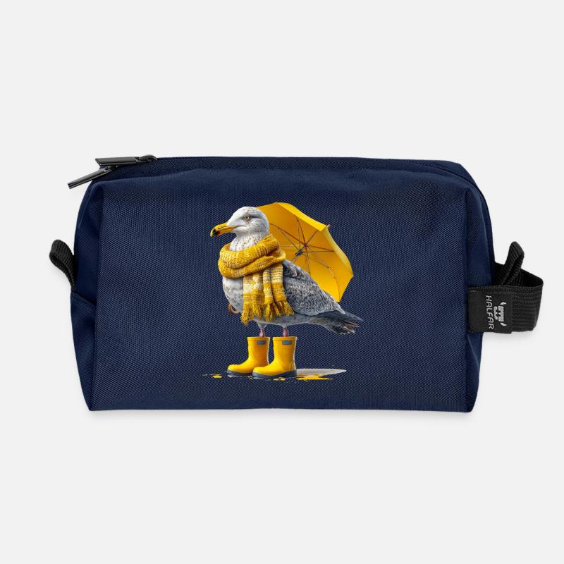 Seemöwe mit Gelbem Regenschirm und Boots - Recycelte Kulturtasche - Navy