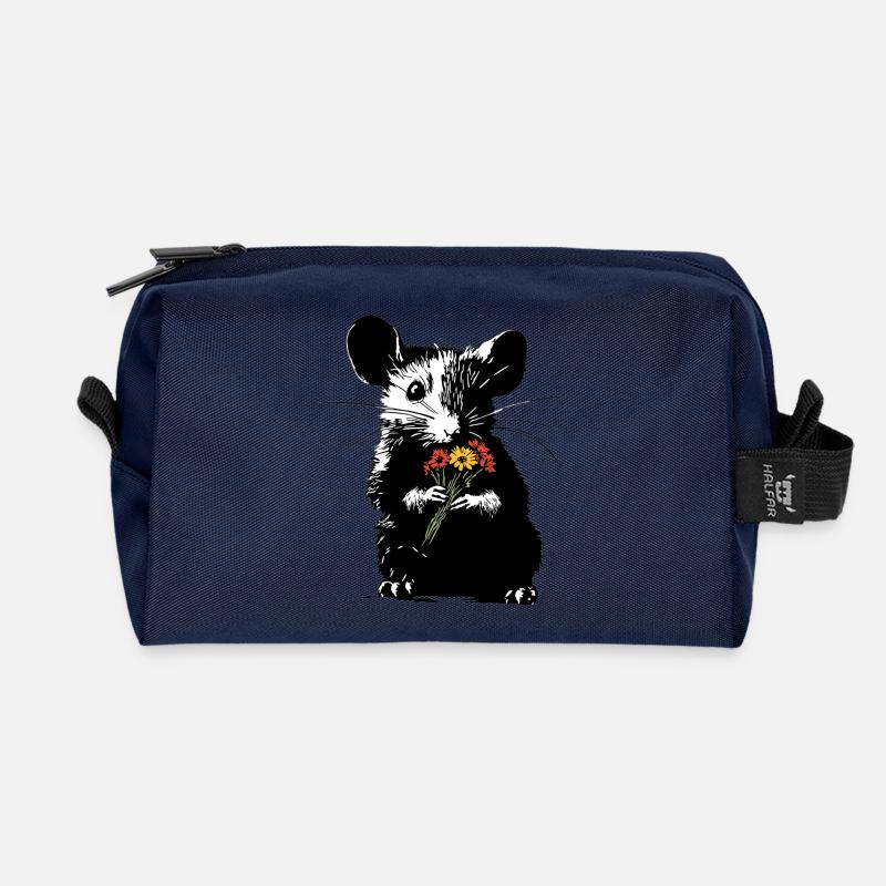 Maus mit bunten Blumenstrauß - Stencil Love - Recycelte Kulturtasche - Navy