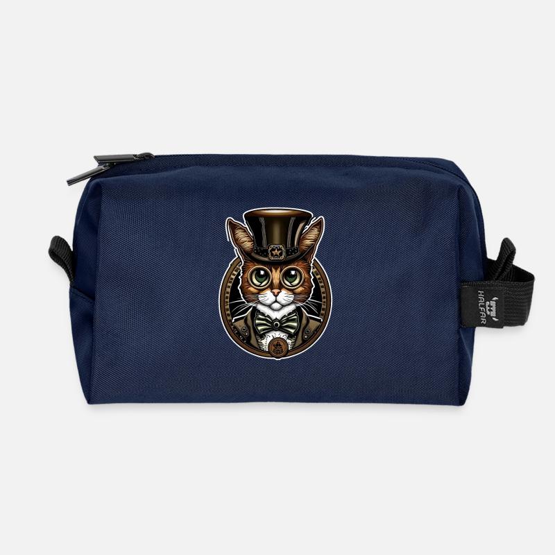 Steampunk Cat 02 - Recycled Toiletry Zip Bag - navy