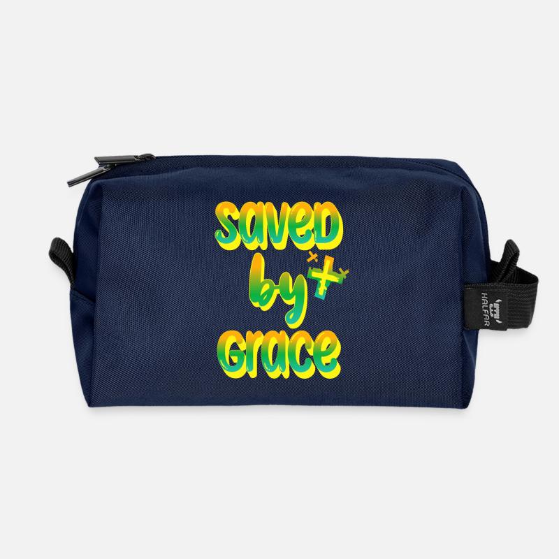 Lebensfrohe Botschaft im Regenbogen-Design - Recycelte Kulturtasche - Navy