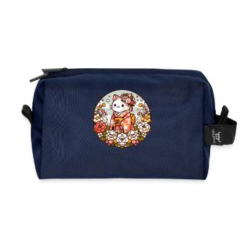 Kimono Cat with Flowers - Recycled Toiletry Zip Bag - navy - Front