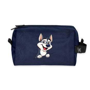 Cute Husky Looking Out Cartoon Animal Illustration - Recycled Toiletry Zip Bag - navy - Front