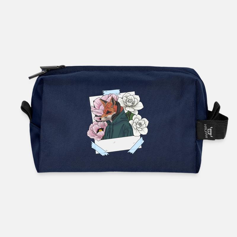 Fuchs mit Kopfhörern und Blumenthema - Recycelte Kulturtasche - Navy