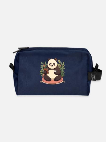 Panda reading with tea - Recycled Toiletry Zip Bag - navy