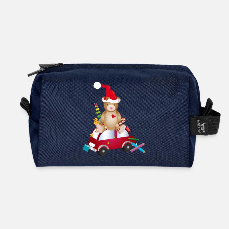 Teddybär mit Weihnachtsmütze auf Spielzeugauto - Recycelte Kulturtasche - Navy