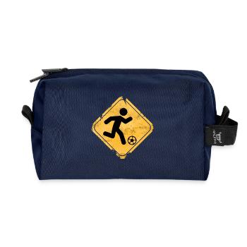 Yellow warning sign soccer runner - Recycled Toiletry Zip Bag - navy - Front