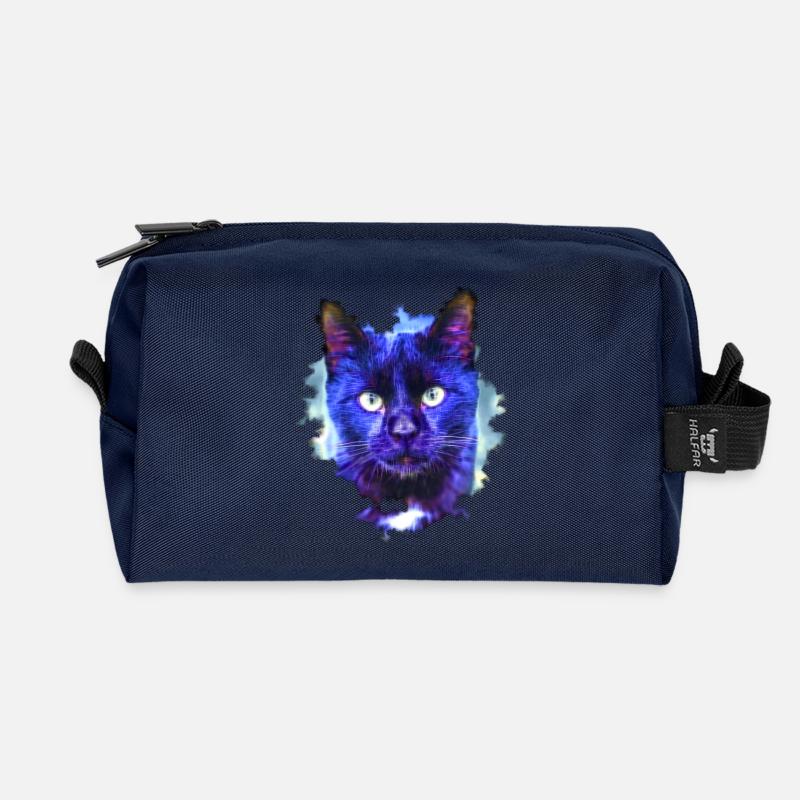 Neonkatze im Lichtregen - Recycelte Kulturtasche - Navy