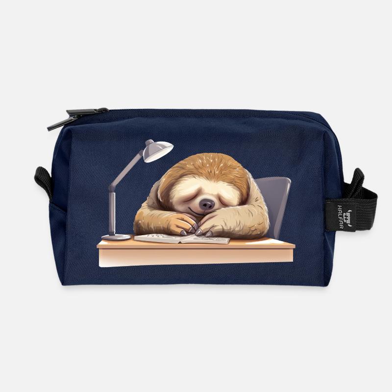 Lesendes und Schlafendes Faultier am Schreibtisch, - Recycelte Kulturtasche - Navy