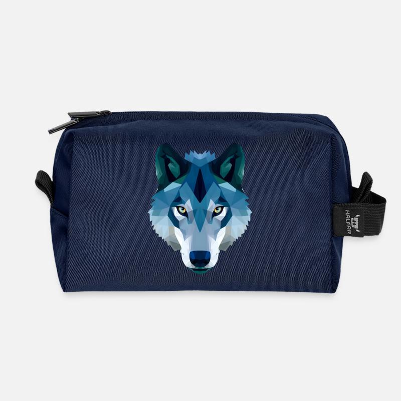 Low Polygon Wolf in Blau und Weiß - Recycelte Kulturtasche - Navy