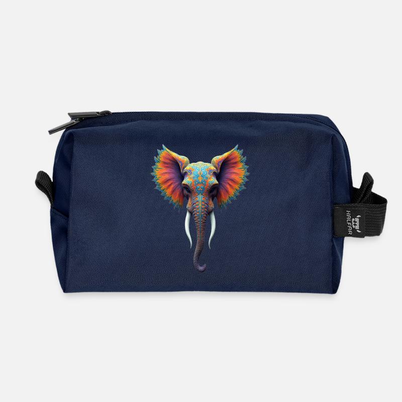 Rainbow Ornate Elephant Head - Recycled Toiletry Zip Bag - navy