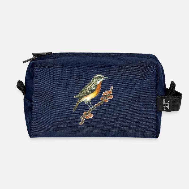 Braunkehlchen / Vogel / Pilze - Recycelte Kulturtasche - Navy