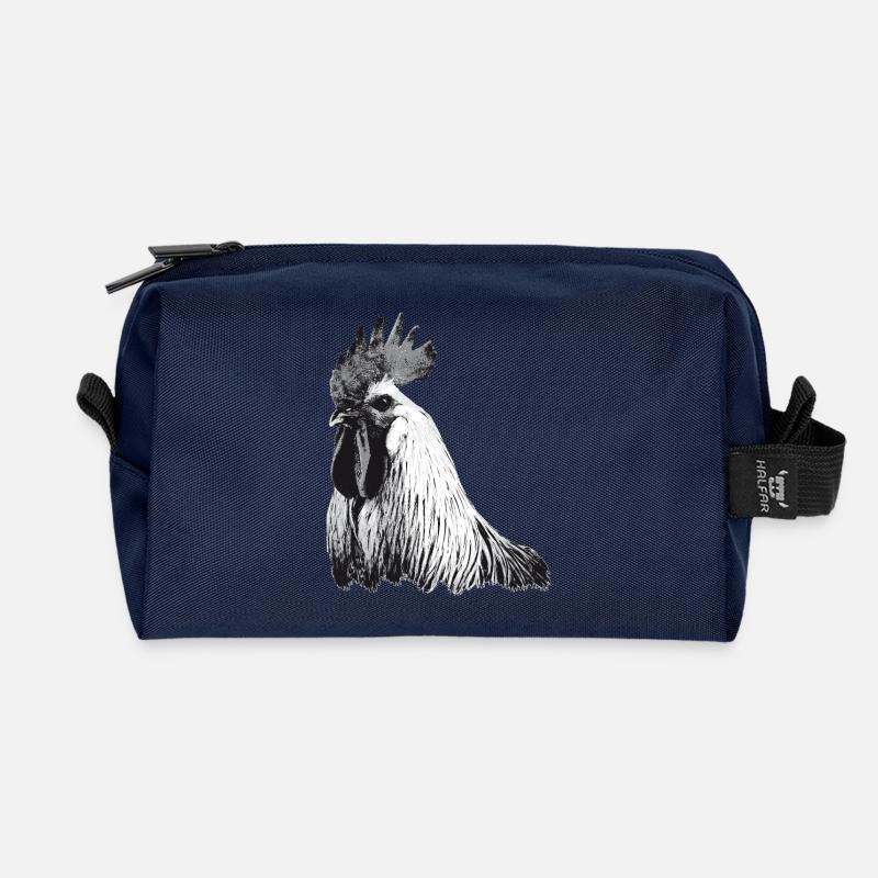 Expressive rooster in black and white - Recycled Toiletry Zip Bag - navy