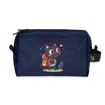 Abenteuerlustige schwarze Katze mit Rucksack - Recycelte Kulturtasche - Navy - Vorne