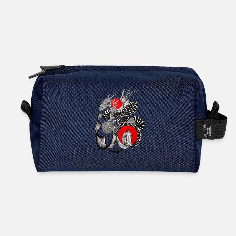 Monochrome flower circles with red - Recycled Toiletry Zip Bag - navy