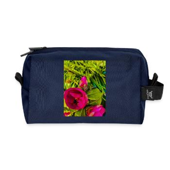 Pink Roses in Green Garden - Recycled Toiletry Zip Bag - navy - Front