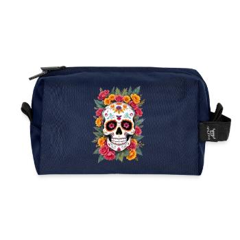 Tête de mort mexicaine sugar skull calavera fleurs - Trousse de toilette en tissu recyclé - marine - Devant