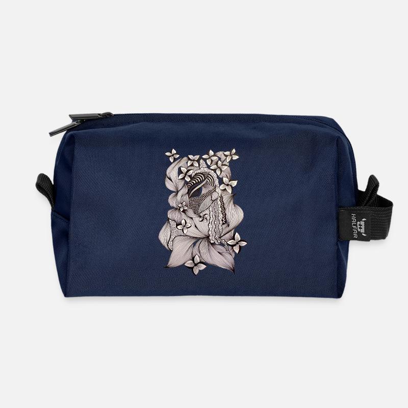 Zentangle Floral Pattern Black & White - Recycled Toiletry Zip Bag - navy