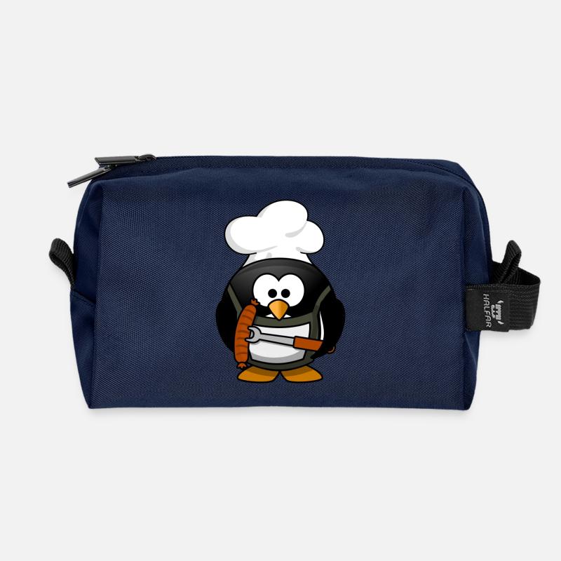 Kochender Pinguin mit Bratwurst. Geschenkidee - Recycelte Kulturtasche - Navy