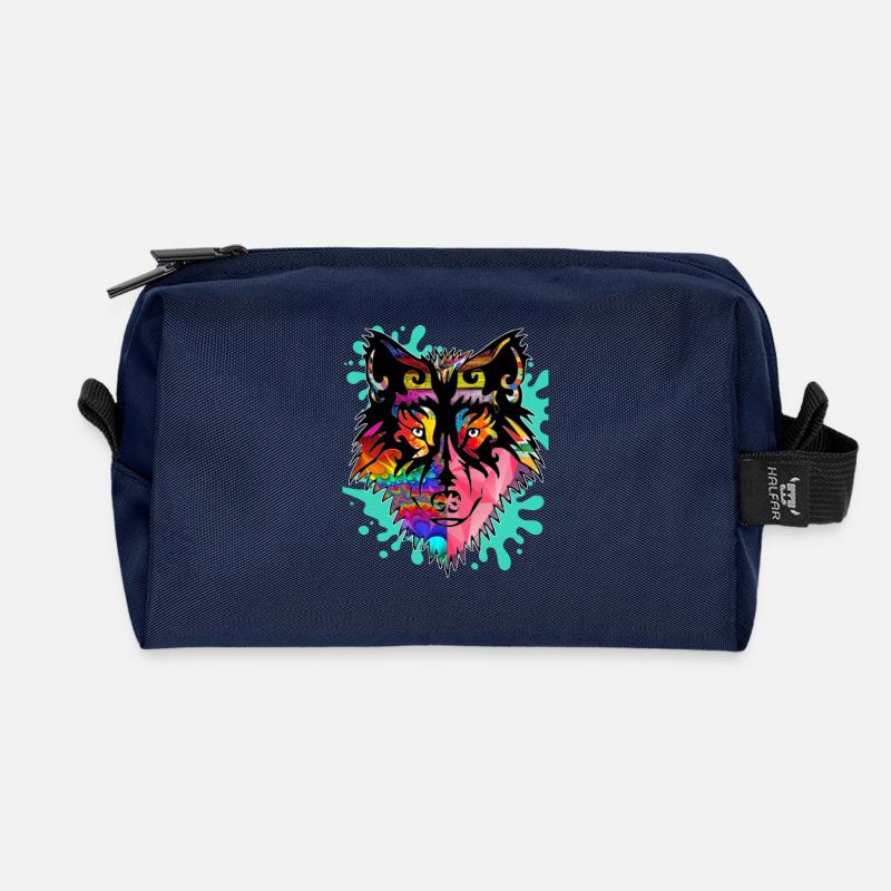 Wolf, bunt, - Recycelte Kulturtasche - Navy