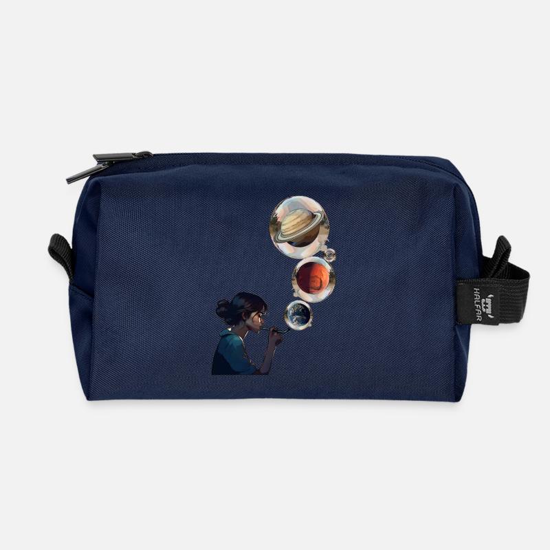 Kontemplative Frau mit kosmischen Planeten - Recycelte Kulturtasche - Navy