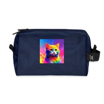 Cute rainbow coloured cat - Recycled Toiletry Zip Bag - navy - Front