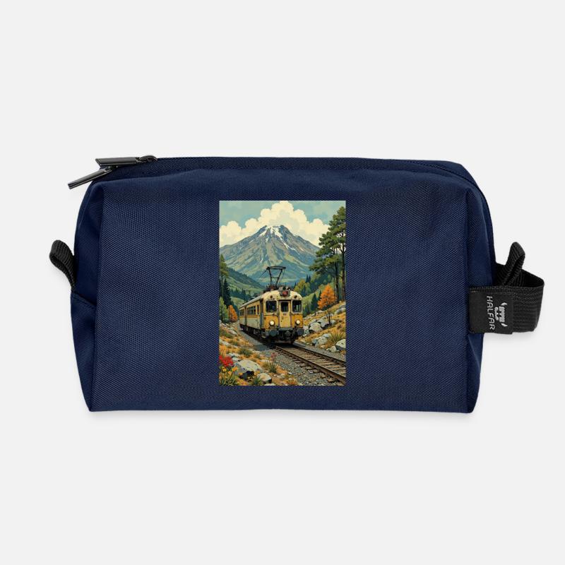 Retro Train Image - Recycled Toiletry Zip Bag - navy