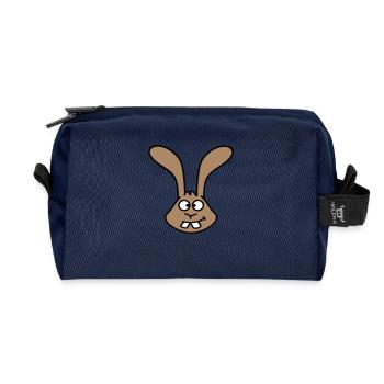Lapin regarde, plisse les yeux, grimace, drôle, sourire idiot - Trousse de toilette en tissu recyclé - marine - Devant