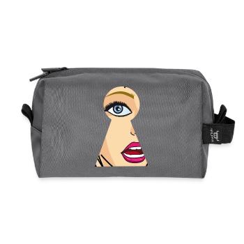 Woman looks through keyhole, comic pop art - Recycled Toiletry Zip Bag - anthracite - Front