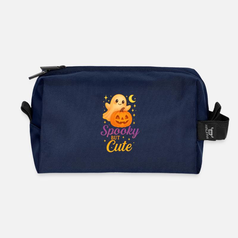 Cute Halloween Ghost with Pumpkin - Recycled Toiletry Zip Bag - navy