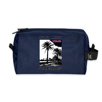 Palm Trees Pink Violet Motif and Text - Recycled Toiletry Zip Bag - navy - Front