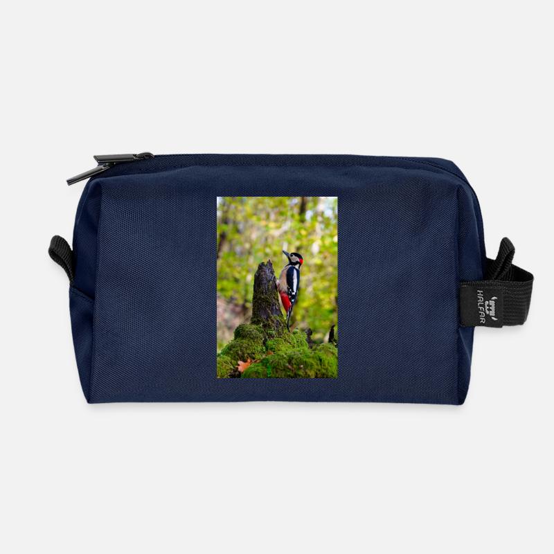 Woodpecker on Mossy Forest Stump - Recycled Toiletry Zip Bag - navy