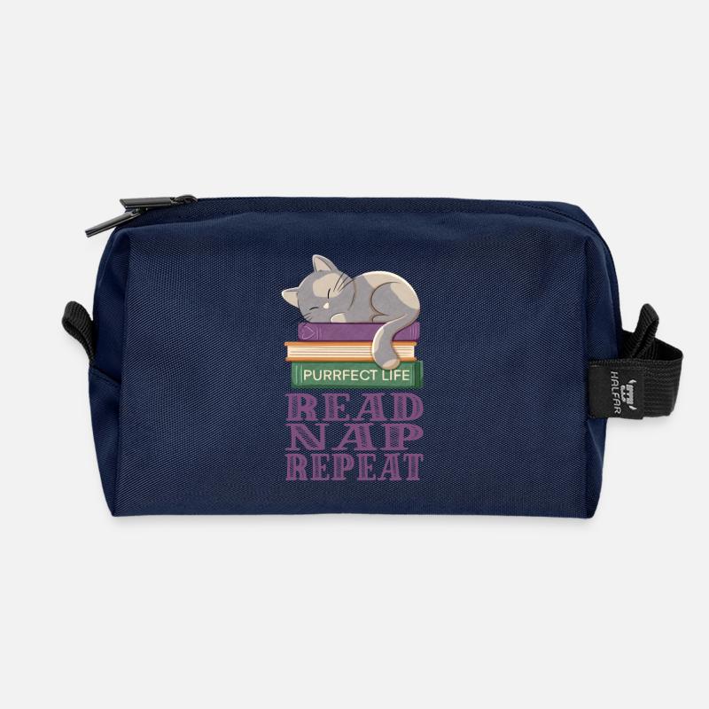 Cute cat on books taking a nap - Recycled Toiletry Zip Bag - navy